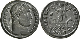 Constantine I, 307/310-337. Follis (Silvered bronze, 18 mm, 2.36 g, 12 h), Constantinopolis, 327-328. CONSTANTI-NVS MAX AVG Rosette-diademed head of C...
