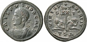 Crispus, Caesar, 316-326. Follis (Silvered bronze, 19 mm, 3.34 g, 12 h), Thessalonica, 319. CRISPUS NOB CAES Laureate, draped and cuirassed bust of Cr...
