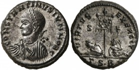 Constantine II, as Caesar, 316-337. Follis (Silvered bronze, 18 mm, 3.33 g, 7 h), Thessalonica, 320. CONSTANTINVS IVN N C Laureate, draped and cuirass...