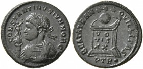 Constantine II, as Caesar, 316-337. Follis (Silvered bronze, 19 mm, 2.85 g, 6 h), Treveri, 322. CONSTANTINVS IVN NOB C Laureate, draped and cuirassed ...