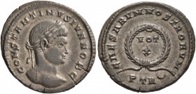 Constantine II, as Caesar, 316-337. Follis (Bronze, 20 mm, 2.87 g, 11 h), Treveri, 323-324. CONSTANTINVS IVN NOB C Laureate head of Constantine II to ...
