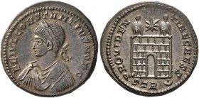 Constantius II, as Caesar, 324-337. Follis (Bronze, 20 mm, 3.69 g, 7 h), Treveri, 326. FL IVL CONSTANTIVS IVN NOB C Laureate, draped and cuirassed bus...