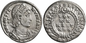 Constantius II, 337-361. Siliqua (Silver, 18 mm, 3.20 g, 12 h), Constantinopolis, 340-351. D N CONSTA-NTIVS AVG Pearl-diademed, draped and cuirassed b...