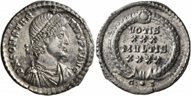 Constantius II, 337-361. Siliqua (Silver, 19 mm, 2.35 g, 12 h), Constantinopolis, 351-355. D N CONSTAN-TIVS P F AVG Pearl-diademed, draped and cuirass...