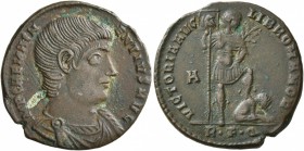 Magnentius, 350-353. Follis (Bronze, 24 mm, 4.89 g, 11 h), Rome, 350. IMP CAE MAGN-ENTIVS AVG Bare-headed, draped and cuirassed bust of Magnentius to ...