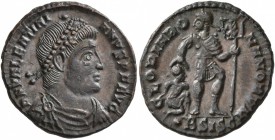 Valentinian I, 364-375. Follis (Bronze, 18 mm, 2.89 g, 12 h), Siscia, 364-367. D N VALENTINI-ANVS P F AVG Laureate, draped and cuirassed bust of Valen...