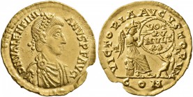 Valentinian II, 375-392. Semissis (Gold, 17 mm, 2.24 g, 1 h), Treveri, June 389-391. D N VALENTINI-ANVS P F AVG Pearl-diademed, draped and cuirassed b...