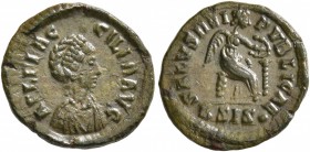 Aelia Flaccilla, Augusta, 379-386/8. Nummus (Bronze, 13 mm, 1.19 g, 1 h), Siscia, 383-384. AEL FLAC-CILLA AVG Draped bust of Aelia Flaccilla to right....