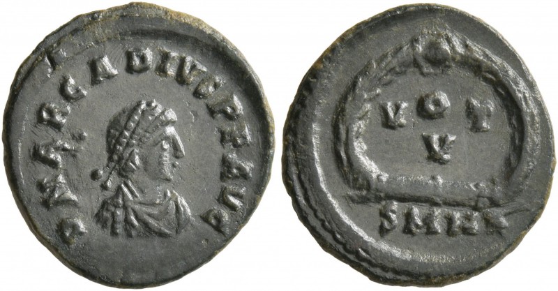 Arcadius, 383-408. Nummus (Bronze, 14 mm, 1.22 g, 6 h), Heraclea, 378-383. D N A...