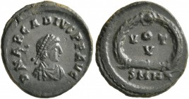Arcadius, 383-408. Nummus (Bronze, 14 mm, 1.22 g, 6 h), Heraclea, 378-383. D N ARCADIVS P F AVG Pearl-diademed, draped and cuirassed bust of Arcadius ...