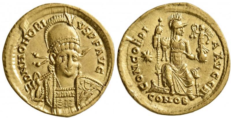 Honorius, 393-423. Solidus (Gold, 20 mm, 4.12 g, 6 h), Constantinopolis, circa 3...