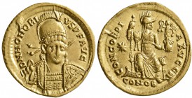 Honorius, 393-423. Solidus (Gold, 20 mm, 4.12 g, 6 h), Constantinopolis, circa 395-402. D N HONORI-VS P F AVG Pearl-diademed, helmeted and cuirassed b...