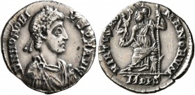 Honorius, 393-423. Siliqua (Silver, 16 mm, 1.61 g, 7 h), Mediolanum, 395-402. D N HONORI-VS P F AVG Pearl-diademed, draped and cuirassed bust of Honor...