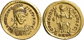 Theodosius II, 402-450. Solidus (Gold, 21 mm, 4.47 g, 6 h), Constantinopolis, 403-408. D N THEODO-SIVS P F AVG Helmeted and cuirassed bust of Theodosi...