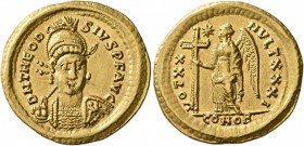 Theodosius II, 402-450. Solidus (Gold, 22 mm, 4.44 g, 7 h), Constantinopolis, 420-422. D N THEODO-SIVS P F AVG Helmeted and cuirassed bust of Theodosi...