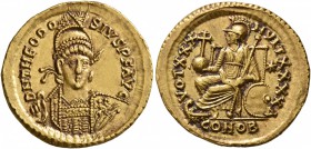Theodosius II, 402-450. Solidus (Gold, 21 mm, 4.33 g, 6 h), Constantinopolis, 430-440. D N THEODO-SIVS P F AVG Helmeted and cuirassed bust of Theodosi...