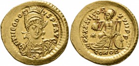 Theodosius II, 402-450. Solidus (Gold, 21 mm, 4.49 g, 6 h), Constantinopolis, 443. D N THEODOSI-VS•P•F•AVG Helmeted and cuirassed bust of Theodosius I...