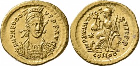 Theodosius II, 402-450. Solidus (Gold, 21 mm, 4.47 g, 7 h), Constantinopolis, 443. D N THEODOSI-VS•P•F•AVG Helmeted and cuirassed bust of Theodosius I...