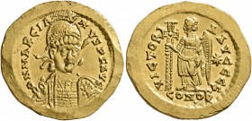 Marcian, 450-457. Solidus (Gold, 21 mm, 4.33 g, 6 h), Constantinopolis, circa 450. D N MARCIA-NVS P F AVG Helmeted and cuirassed bust of Marcian facin...