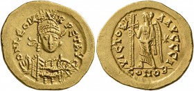 Leo I, 457-474. Solidus (Gold, 20 mm, 4.52 g, 5 h), Constantinopolis, circa 462 or 466. D N LEO PE-RPET AVG Pearl-diademed, helmeted and cuirassed bus...
