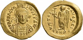 Anastasius I, 491-518. Solidus (Gold, 21 mm, 4.43 g, 7 h), Constantinopolis, circa 492-507. D N ANASTASIVS P P AVG Helmeted, diademed and cuirassed bu...