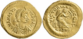 Anastasius I, 491-518. Semissis (Gold, 19 mm, 2.23 g, 7 h), Constantinopolis. D N ANASTASIVS P P AVG Pearl-diademed, draped, and cuirassed bust of Ana...