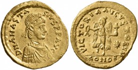 Anastasius I, 491-518. Tremissis (Gold, 14 mm, 1.45 g, 7 h), Constantinopolis. D N ANASTASIVS P P AVG Pearl-diademed, draped, and cuirassed bust of An...
