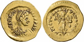 Anastasius I, 491-518. Tremissis (Gold, 15 mm, 1.48 g, 6 h), Constantinopolis. D N ANASTASIVS P P AVG Pearl-diademed, draped, and cuirassed bust of An...