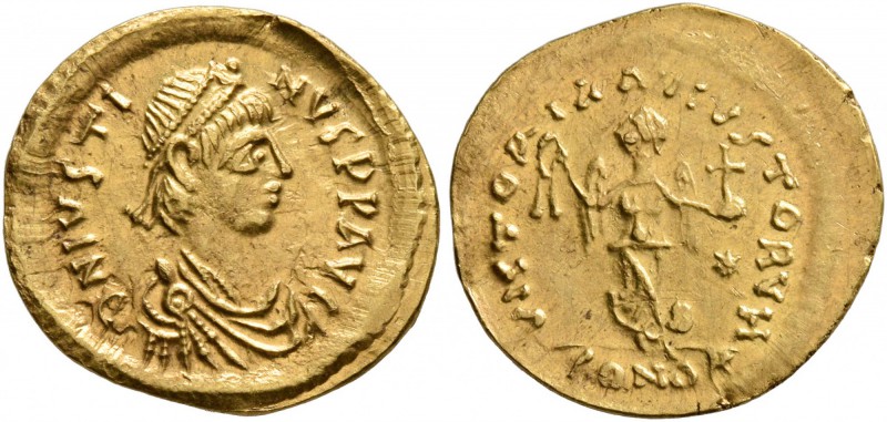 Justin I, 518-527. Tremissis (Gold, 14 mm, 1.43 g, 6 h), Constantinopolis. D N I...