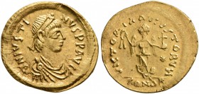 Justin I, 518-527. Tremissis (Gold, 14 mm, 1.43 g, 6 h), Constantinopolis. D N IVSTINIANVS P P AVI Diademed, draped and cuirassed bust of Justinian to...