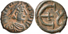 Justinian I, 527-565. Pentanummium (Bronze, 16 mm, 2.08 g, 12 h), Theoupolis (Antiochia), circa 546-551. D N IVSTINIANVS P P A Diademed, draped and cu...