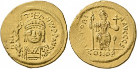 Justin II, 565-578. Solidus (Gold, 21 mm, 4.47 g, 6 h), Constantinopolis. D N IVSTINVS P P AVC Helmeted and cuirassed bust of Justin II facing, holdin...