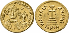 Heraclius, with Heraclius Constantine, 610-641. Solidus (Gold, 19 mm, 4.47 g, 6 h), Constantinopolis. dd NN hERACLIUS ET hERA CONST P P AV Crowned, wi...