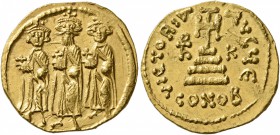 Heraclius, with Heraclius Constantine and Heraclonas, 610-641. Solidus (Gold, 19 mm, 4.48 g, 7 h), Constantinopolis, circa 639-641. Heraclonas, wearin...