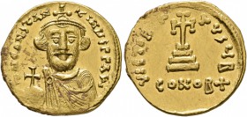 Constans II, 641-668. Solidus (Gold, 20 mm, 4.35 g, 6 h), Constantinopolis. d N CONSTANTIЧS P P AV' Crowned and draped bust of Constans II facing, hol...