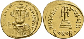 Constans II, 641-668. Solidus (Gold, 20 mm, 4.49 g, 7 h), Constantinopolis, circa 650-651. d N CONSTANTINЧS P P AV Crowned and draped bust of Constans...
