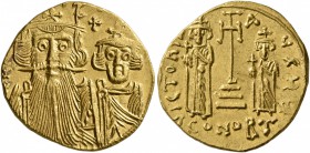 Constans II, with Constantine IV, Heraclius, and Tiberius, 641-668. Solidus (Gold, 19 mm, 4.41 g, 7 h), Constantinopolis, 661-663. d N CTIN [...] Faci...