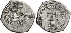 Constans II, with Constantine IV, 641-668. Hexagram (Silver, 21 mm, 4.74 g, 5 h), Constantinopolis, 648-651/2. d N CONSTATINЧ[S C COSNTAI] Crowned and...