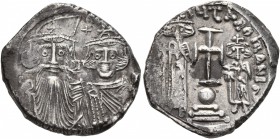 Constans II, with Constantine IV, Heraclius, and Tiberius, 641-668. Hexagram (Silver, 21 mm, 6.45 g, 7 h), Constantinopolis, 659-668. Draped facing bu...