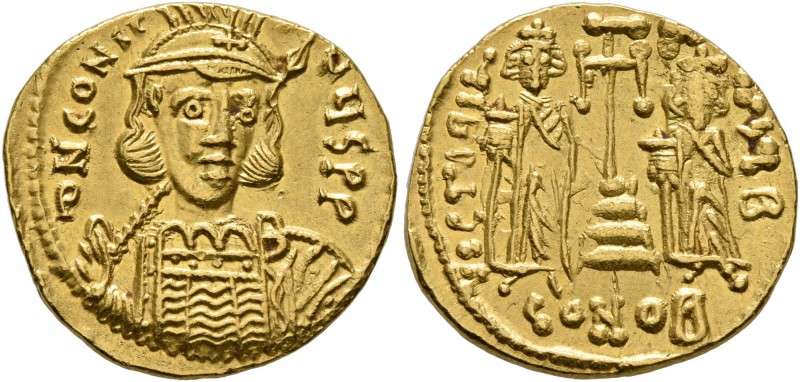 Constantine IV Pogonatus, with Heraclius and Tiberius. Solidus (Gold, 18 mm, 4.4...