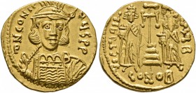 Constantine IV Pogonatus, with Heraclius and Tiberius. Solidus (Gold, 18 mm, 4.45 g, 7 h), Constantinopolis. d N CONSTNЧS P P Diademed, helmeted and c...