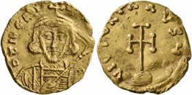 Tiberius III (Apsimar), 698-705. Tremissis (Gold, 17 mm, 2.13 g, 6 h), Constantinopolis. D TIbЄRIЧ[S PЄ AV] Crowned and cuirassed bust of Tiberius III...