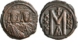 Leo III the "Isaurian", with Constantine V, 717-741. Follis (Copper, 23 mm, 6.87 g, 6 h), Constantinopolis, circa 735-741. LЄOҺ S COҺS Facing busts of...