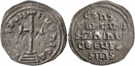 Leo IV the Khazar, with Constantine VI, 775-780. Miliaresion (Silver, 20 mm, 1.71 g, 12 h), Constantinopolis. IҺSЧS XRISTЧS ҺICA Cross potent set on t...