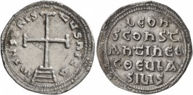 Leo IV the Khazar, with Constantine VI, 775-780. Miliaresion (Silver, 22 mm, 2.04 g, 12 h), Constantinopolis. IҺSЧS XRISTЧS ҺICA Cross potent set on t...