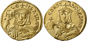 Leo V the Armenian, with Constantine, 813-820. Solidus (Gold, 20 mm, 4.45 g, 7 h), Constantinopolis. •LЄOҺ bASILЄЧ' Crowned bust of Leo V facing, wear...