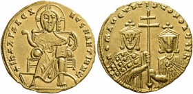 Constantine VII Porphyrogenitus, with Romanus I and Christopher, 913-959. Solidus (Gold, 20 mm, 4.37 g, 6 h), Constantinopolis, circa 924-931. IhS XPS...