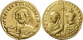 Nicephorus II Phocas, with Basil II, 963-969. Solidus (Gold, 20 mm, 4.34 g, 6 h), Constantinopolis. +IҺS XPS RЄX RЄGNANTIЧM' Bust of Christ Pantokrato...