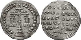 Basil II Bulgaroktonos, with Constantine VIII, 976-1025. Miliaresion (Silver, 24 mm, 2.71 g, 6 h), Constantinopolis, 977-989. ЄҺ TOЧTω nICAT´ bASILЄI ...
