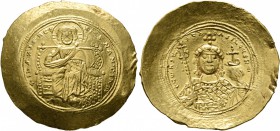 Constantine IX Monomachus, 1042-1055. Histamenon (Gold, 29 mm, 4.43 g, 6 h), Constantinopolis. +IhS XIS RЄX RЄGNANTInm Christ enthroned facing, wearin...